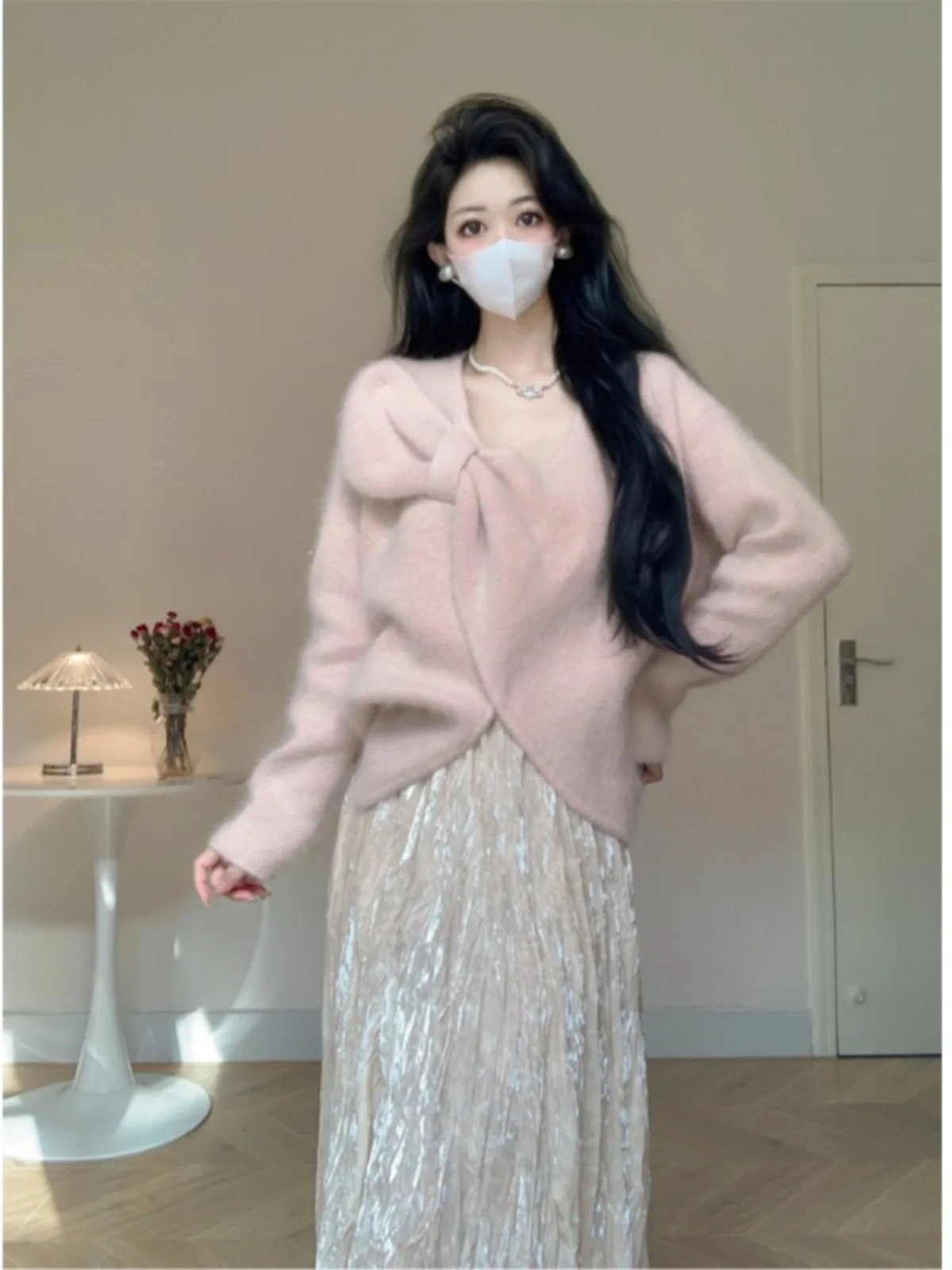 

Soft Knitted Sweater And Half Skirt Set for Women Gentle Style Winter Fashion Two-Piece Ensemble Knot Design Pink C...