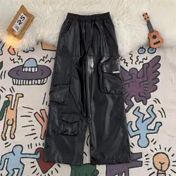 Pantalones Harajuku de cuero PU para hombre, pantalón holgado de pierna ancha, monos con múltiples bolsillos, moda coreana, invierno, 2024