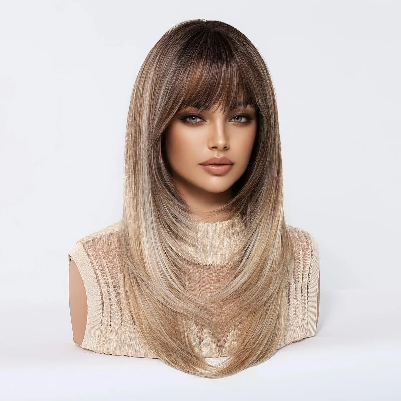 Brown gradient wig with bangs, layered long straight hair, popular in Europe and America