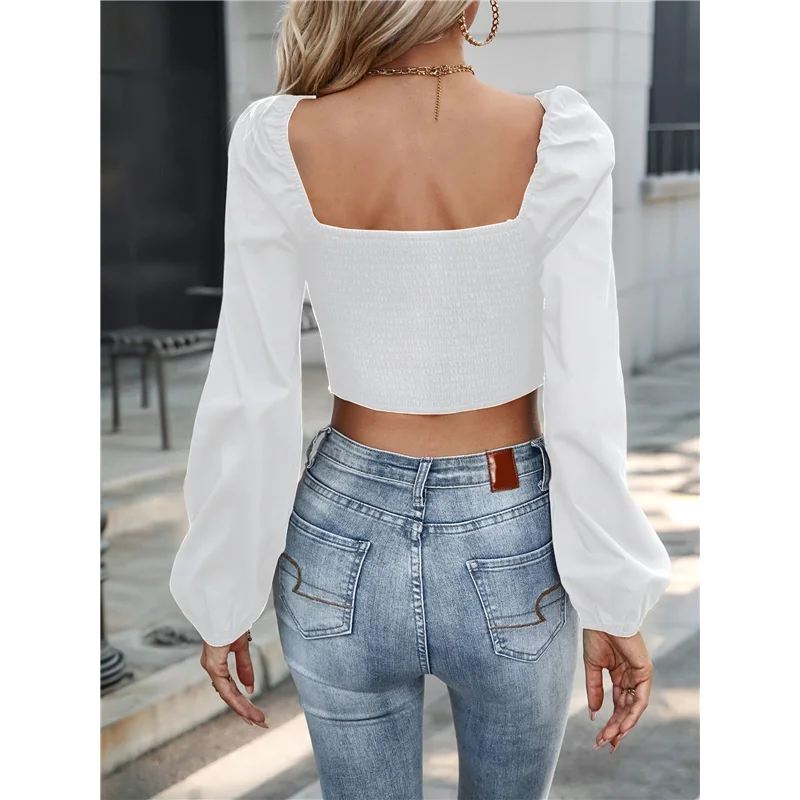 

【Party-Decoration】Women's Ruched Wrap Square Neck Flounce Long Sleeve Crop Top Blouse