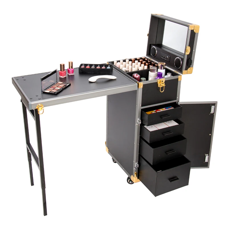

Black Cosmetic Workstation Folding Rolling Portable Case Nail Tech Tables Manicure