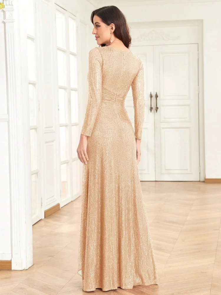 BLUEPLUM Luxury Gold Floor Length V-Neck Evening Dress Women Elegant Party Maxi Dress Sequin Long Sleeves Prom Cocktail Dress Go