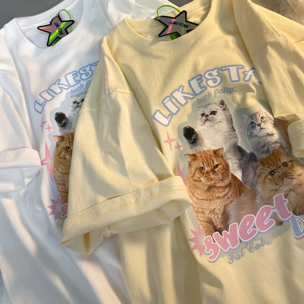 

Cute T-shirt Women's Cat Super Loose Short Sleeve Sweet Shirt Clothing Korean Round Neck Multi Color Top
