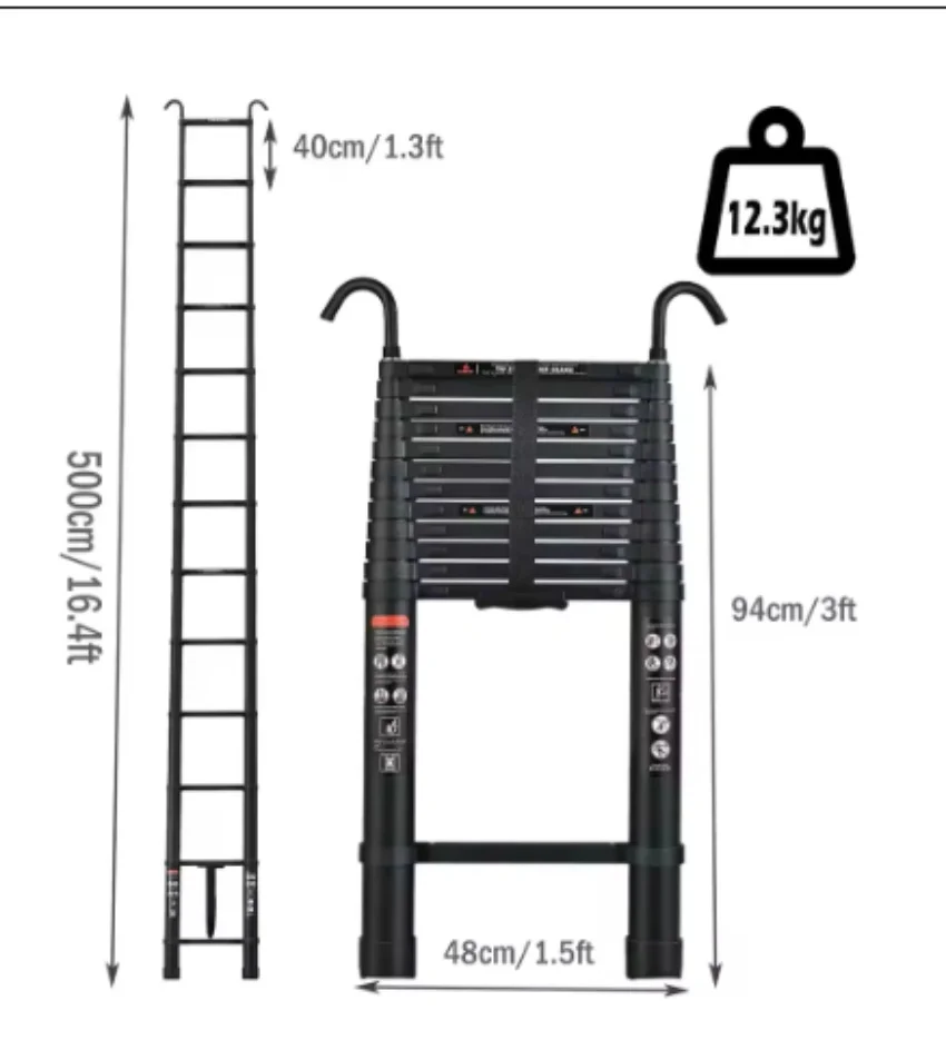 16.5FT 5M Telescopic Ladder with Detachable Hooks Folding Aluminum Extension Ladder Loft Ladder Multi-Purpose Collapsible Ladder