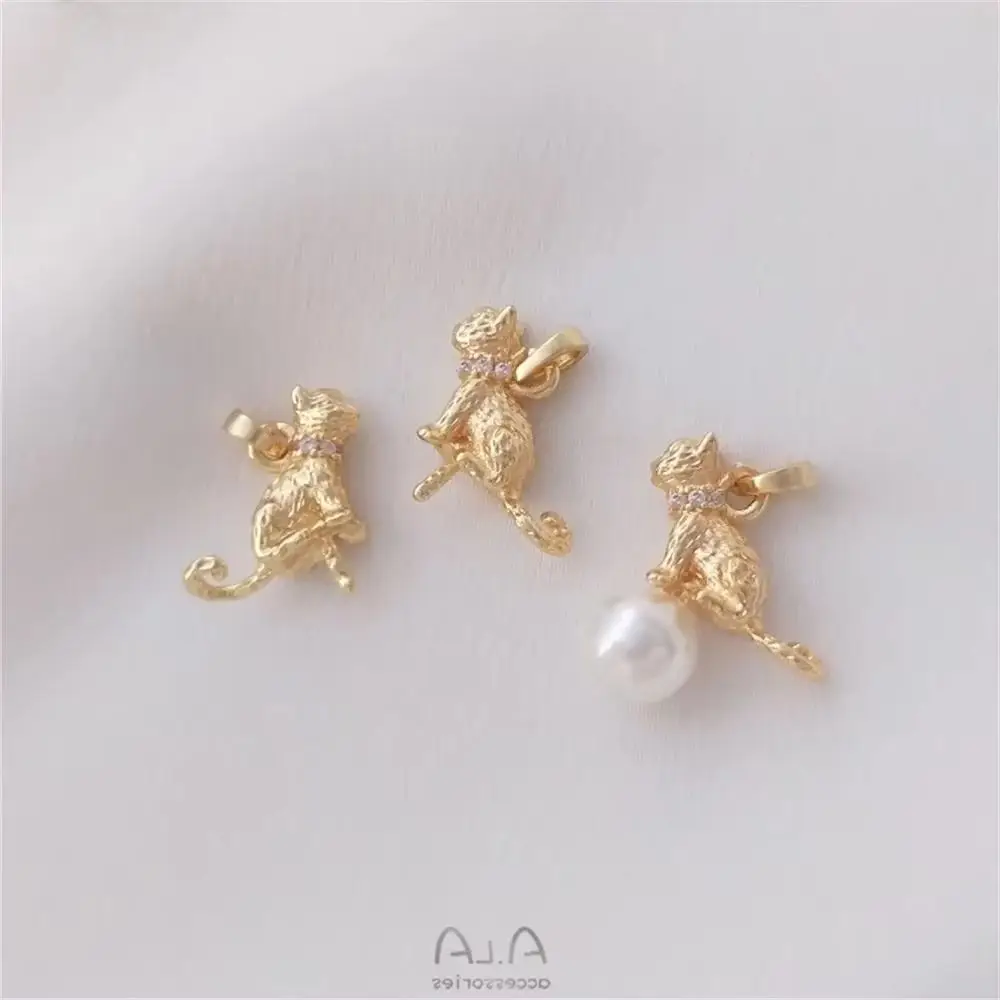 

14K gold bag color preserving inlaid zircon lovely cat half hole pearl needle pendant DIY sticky Crystal Pearl Pendant