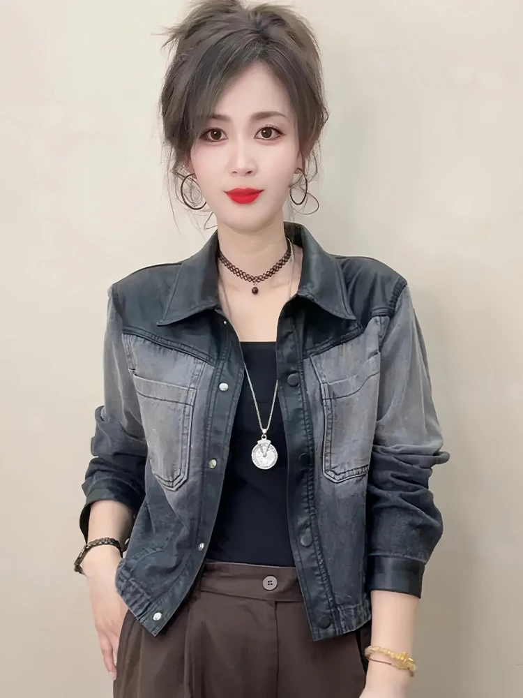 

Sli Commuter Retro Denim Jaet Women's ort Spliced Jaet Top Faionable Casual Loose Fit Long Sve Button Closure