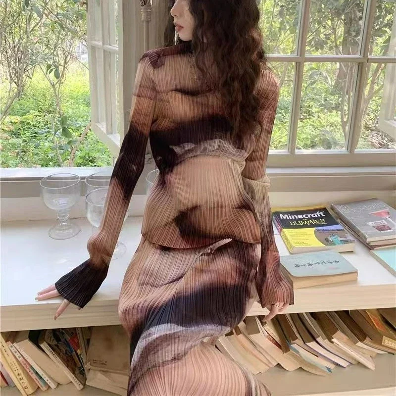 Printed Pleated Semi-high-neck Long-sleeved Top and Skirt Set for Women Elegant Temperament Versatile Design Sense Korean-style