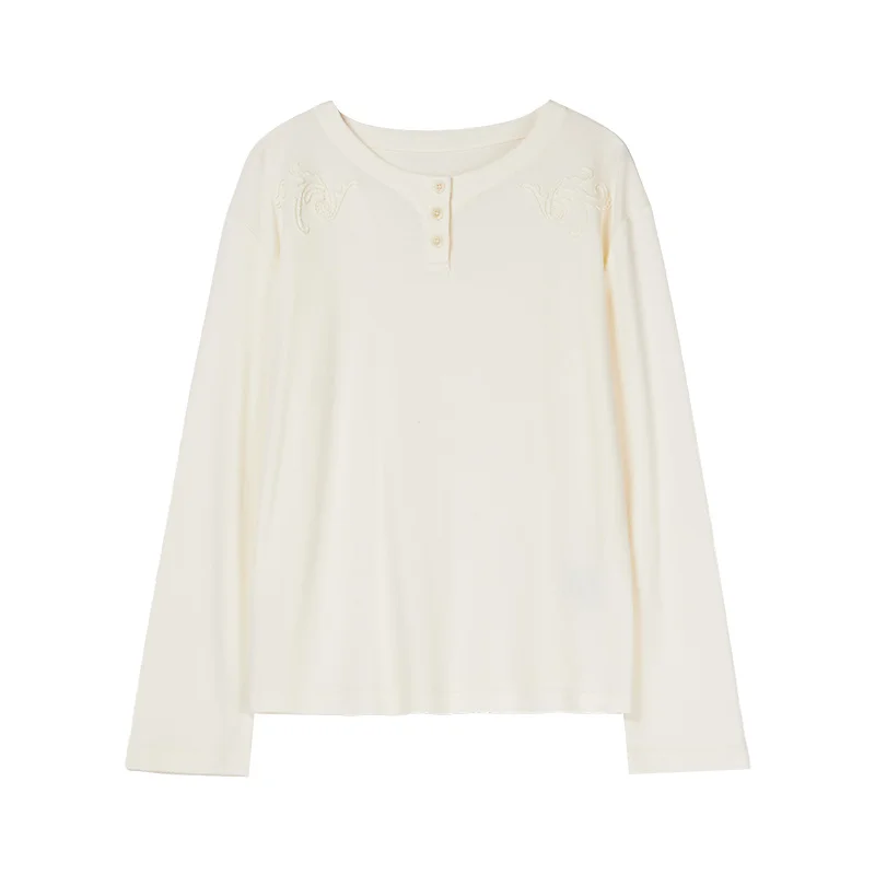 

Women's Casual Long Sve Embroidered T-irt Henry Collar Base irt New Autumn Sle round Ne Chinese Traditional Faion