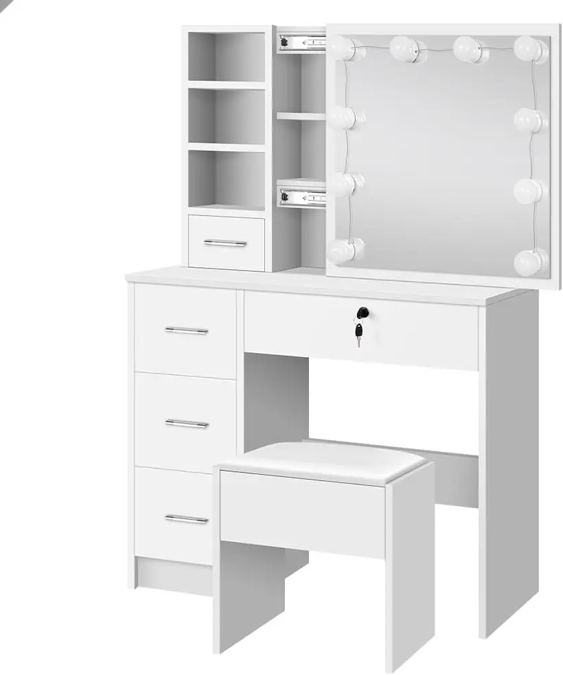 with Sliding Mirror & 10 Adjustable Light Bulbs, Vanity Desk Dresser Organiser with Dressing Table Stool Set Makeup Vanity Table