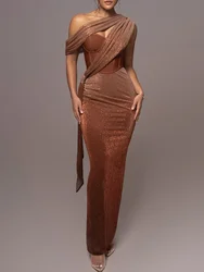 New Women Summer 2024 Fashion Sexy Brown One Shoulder Long Bodycon Bandage Dress Birthday Celebrity Party Dress