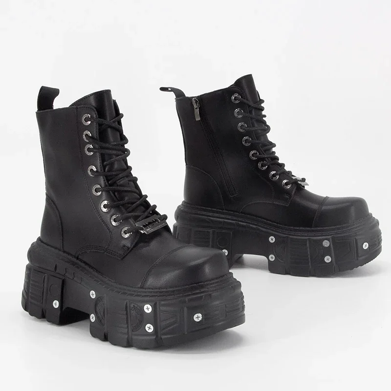 Punk Style Women Boots Lace-up Heel Platform Shoes Woman Gothic Ankle Rock Boots Metal Decor Men And Women Short Boots 2024