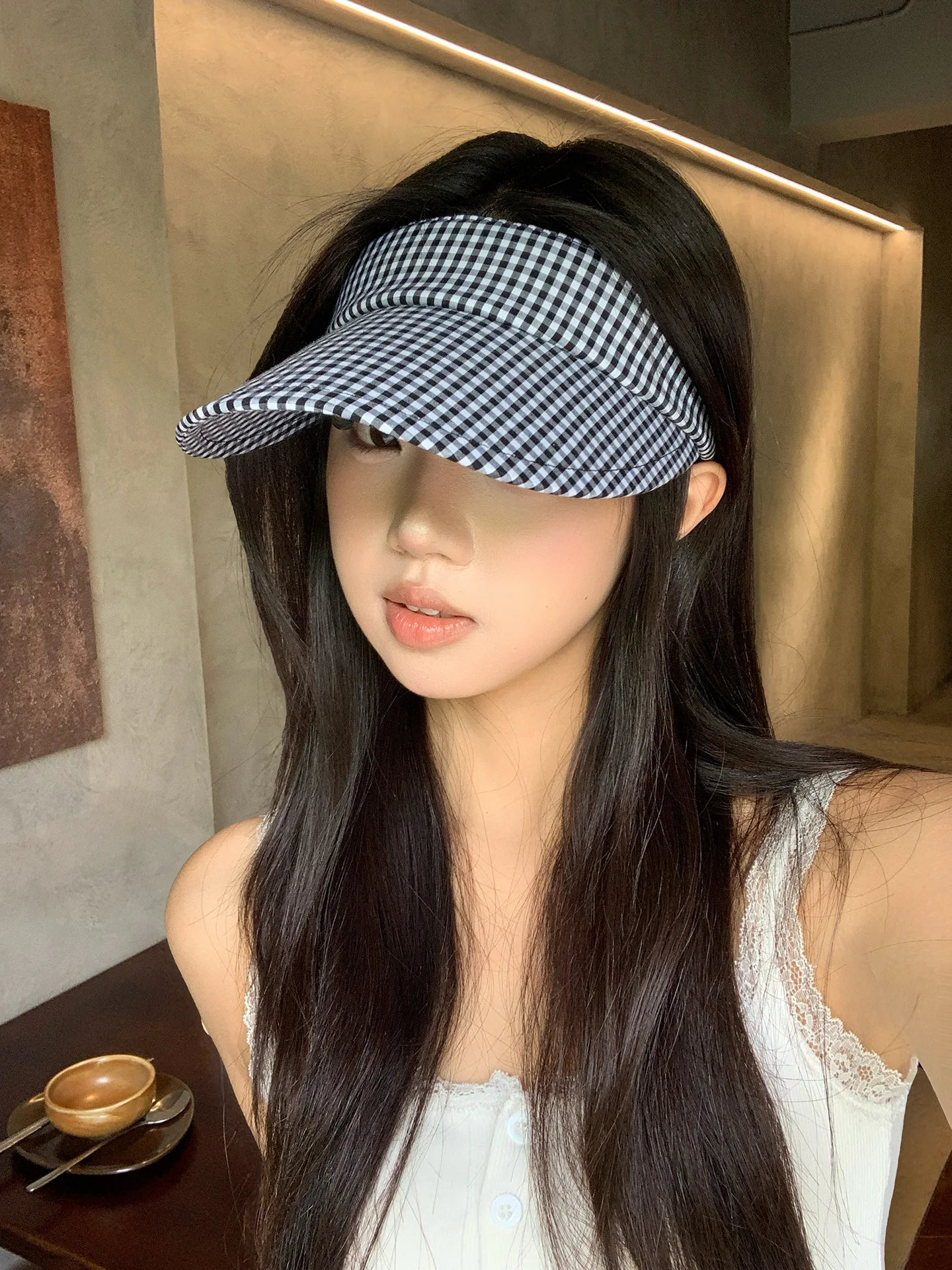 Korean Style Ins Black White Plaid Empty Top Women's Summer Outdoor Sports Hat Face Slimming Sun Protection Duckbill Cap