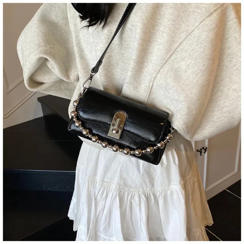 

Luxury Silver Bead Chain Pu Leather Bags Fashion Lock Women's Crossbody Shoulder Sac Senior Handbag Underarm Bag Designer