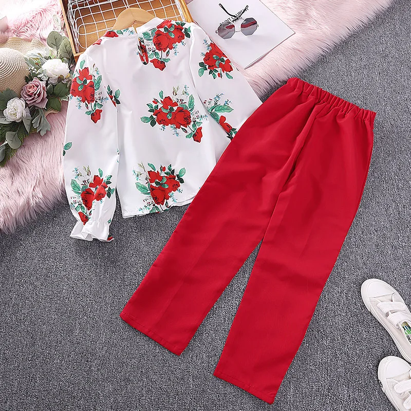 Kids Casual Clothing Sets Outfits for Girls 2024 Spring Autumn New Fashion Children Red Rose Floral Print Tops Long Pant 7-14Y