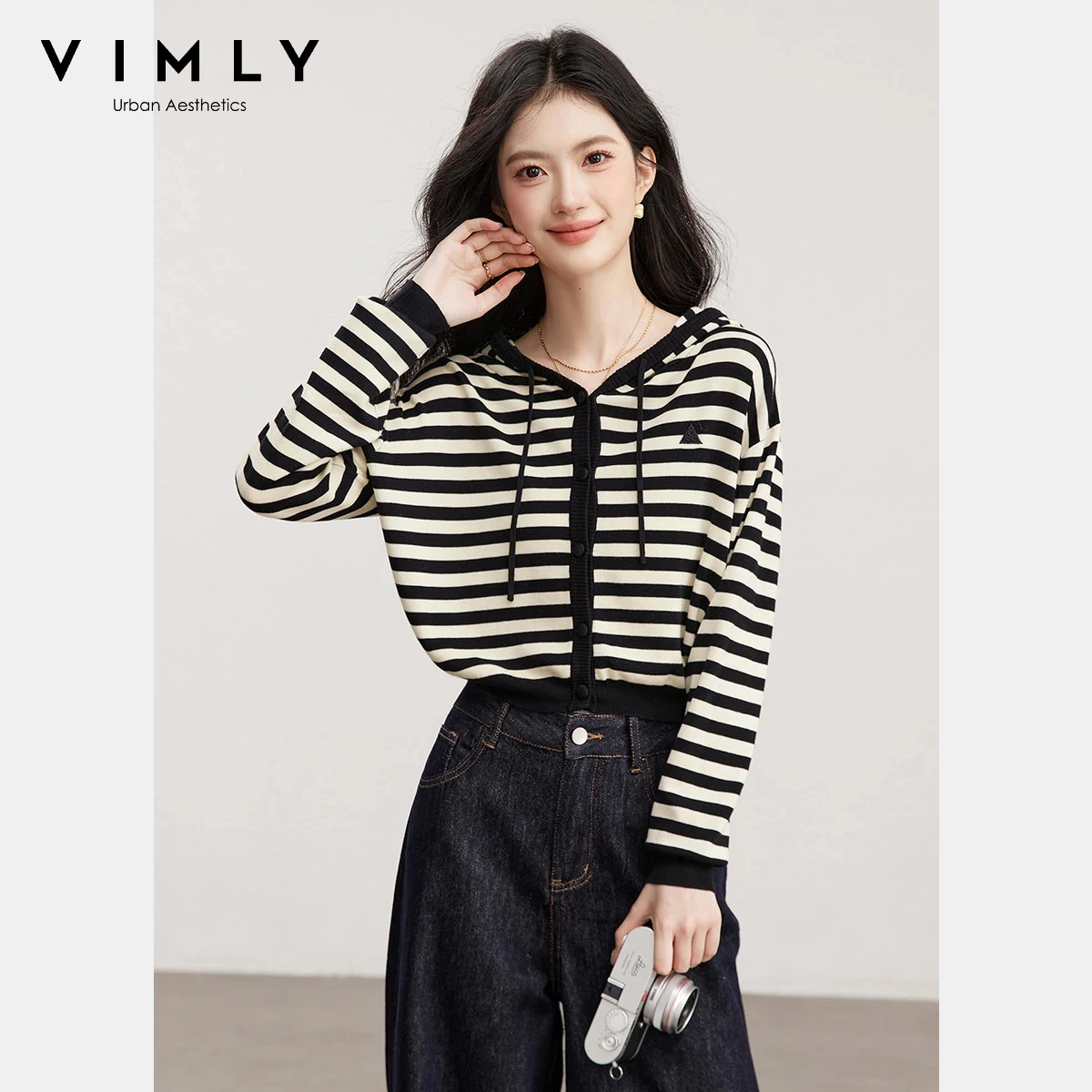 

Женский повседневный вязаный кардиган VIMLY с капюшоном, весна 2026, для офиса, в полоску, с длинными рукавами, на шнуровке, женские свитера-джемперы 72698