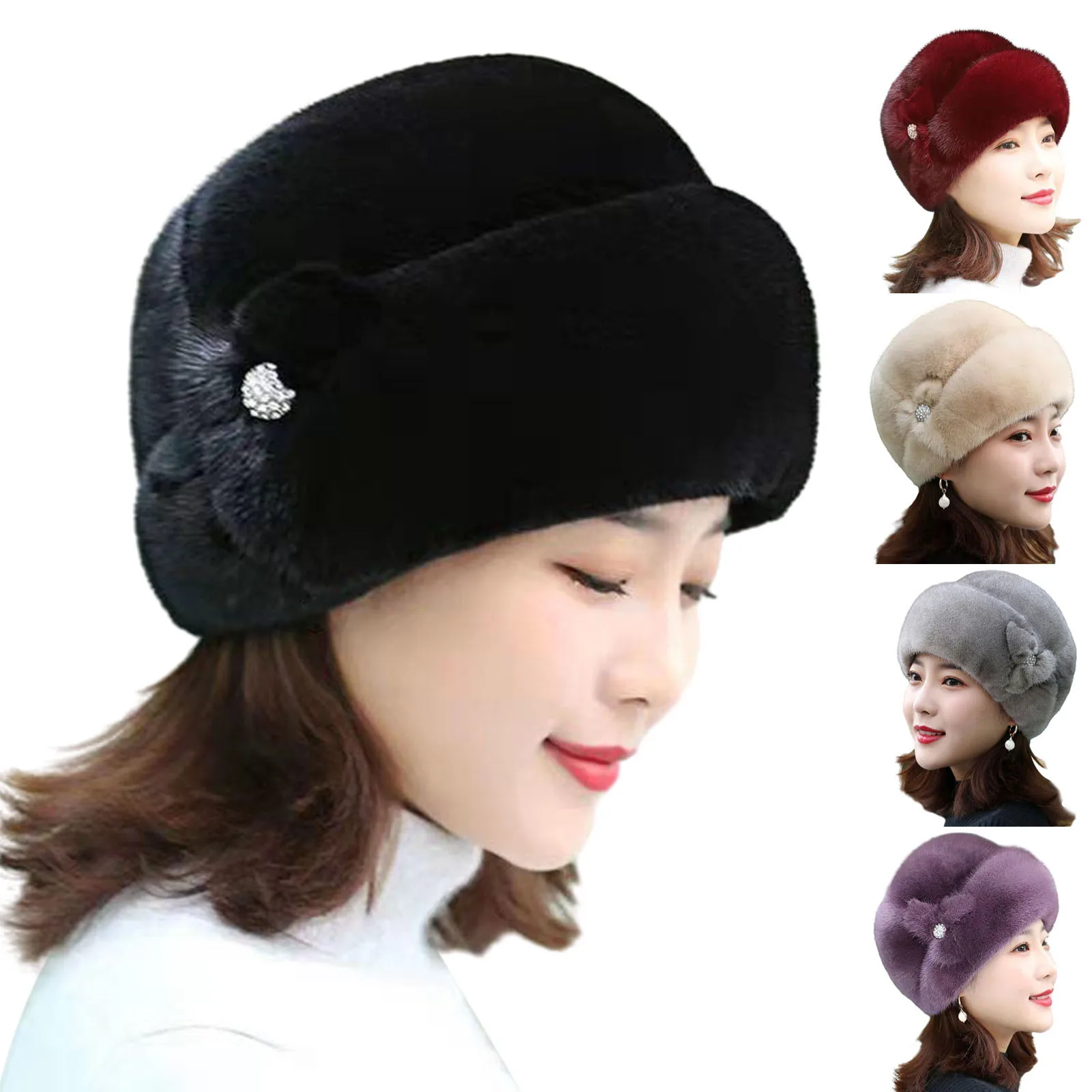 1Pc Women Hat Exquisite Weaving Technology Beanie Elastic Women Balaclava Plush Imitation Mink Velvet Winter Hat for Large Heads