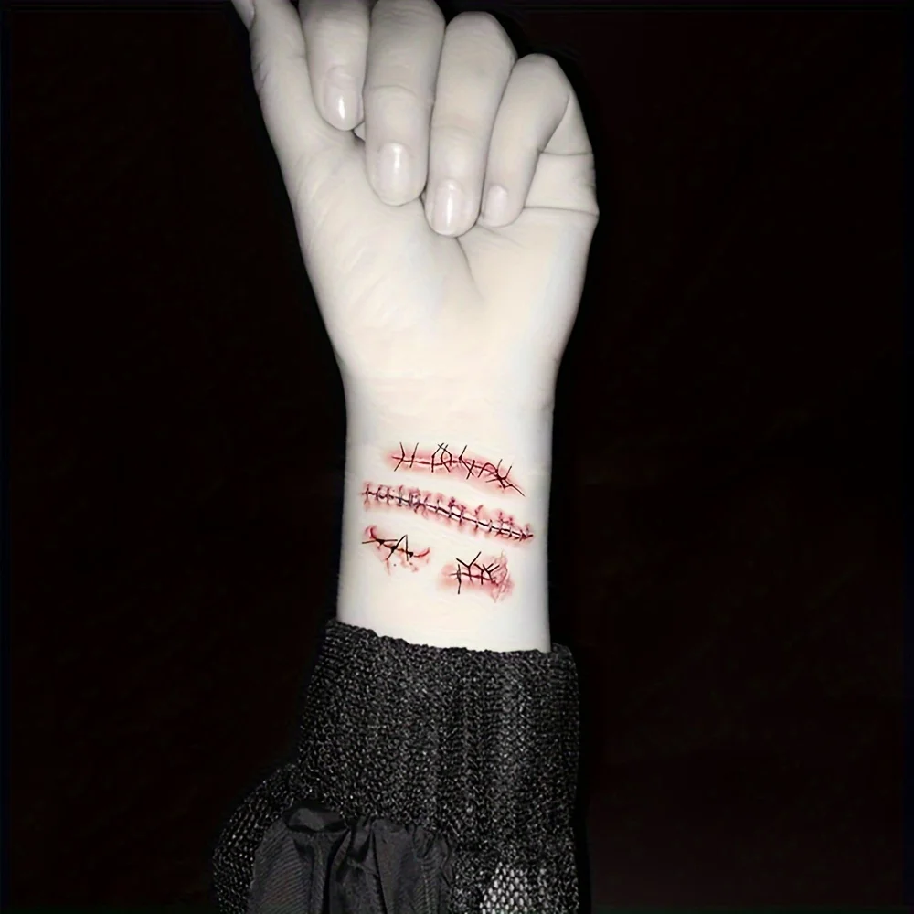 10 Blatt Halloween Terror Wunde Temporäre Tätowierung Wasserdicht Realistische Blut Tattoos Verletzungen Narbe Tattoo Aufkleber Für Gesicht Hände – Detail 10