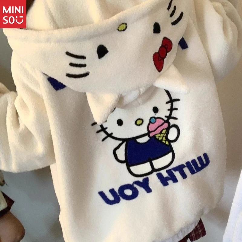 

Miniso Hello Kitty Sherpa Jacket, Embroidered Plush Coat, Unisex Lazy Style