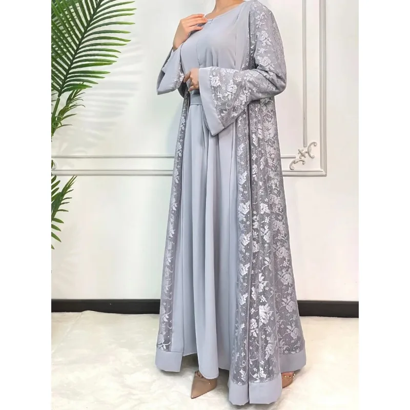 Ramadan Eid Prayer Lace Abaya 2 Piece Set Inner Dress Women Flare Sleeve Long Abayas Kaftan Djellaba Dubai Party Vestidos 2024