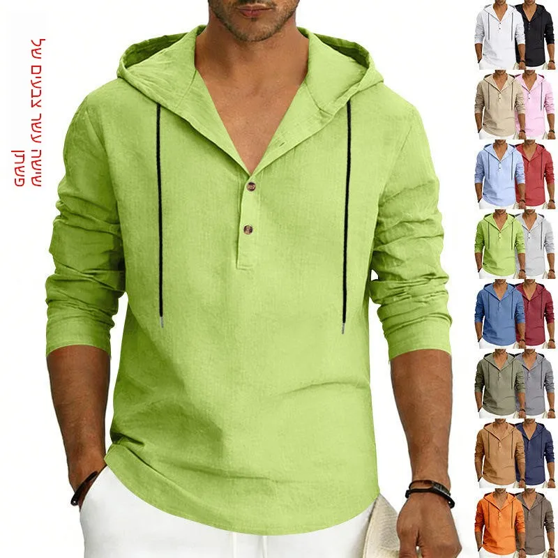 

Men's Casual Linen Hooded Shirt Long Sleeve Breathable Spring Autumn Wear Comfortable Loose Fit Button down Plain Color