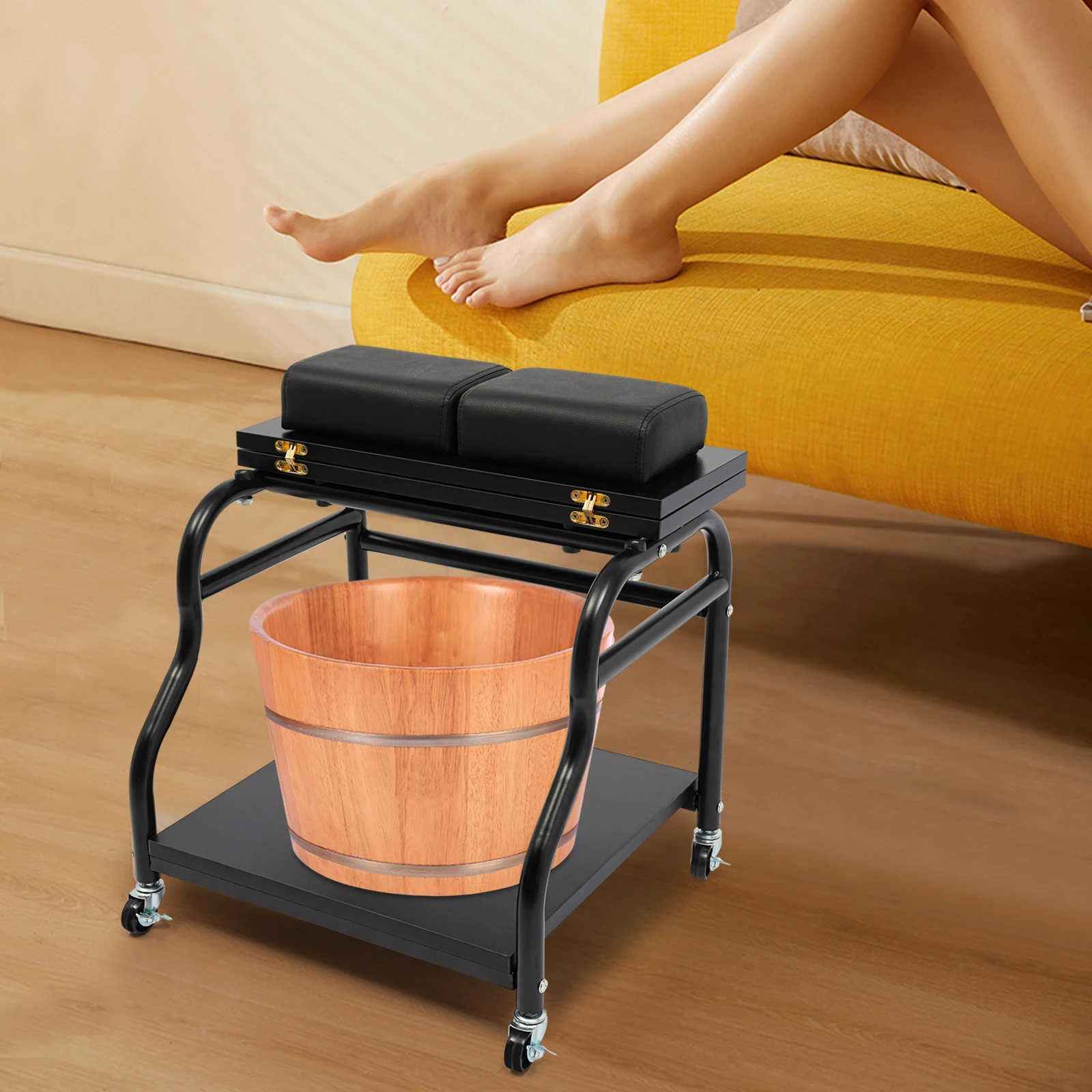 Portable Esthetician Trolley Cart Stylish Black with Wheels, Multi-functional Foot Bath Trolley for Beauty Salons, Massage Parlors