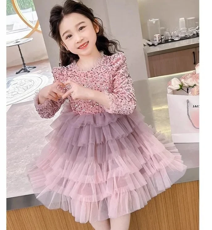 2026 Autumn and Winter Clothing New Princess Skirt Children Clothing with Headband Girls Dress Sequins and Velvet Cake Dress