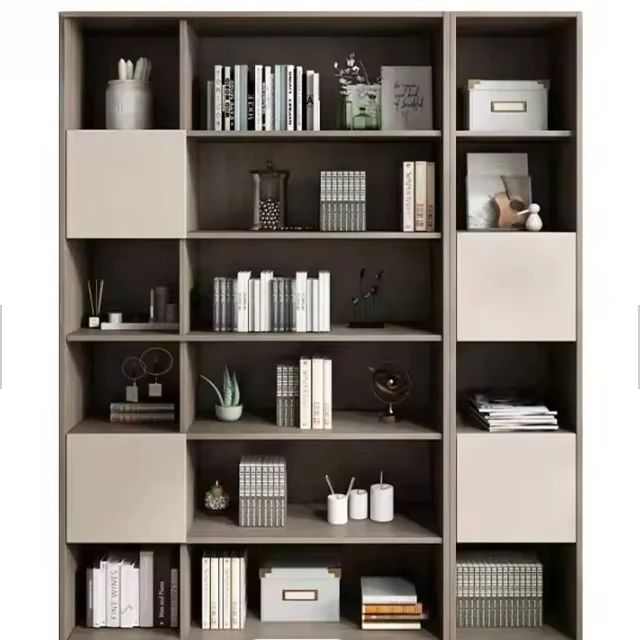 

Modernes tiefgraues Bücherregal mit vertikalen Regalen und unterer Schublade