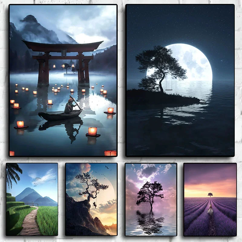 Moon Trees Sea Frameless Canvas Painting Decorative Art Printing Poster Image Home Living Room Bedroom Decoration