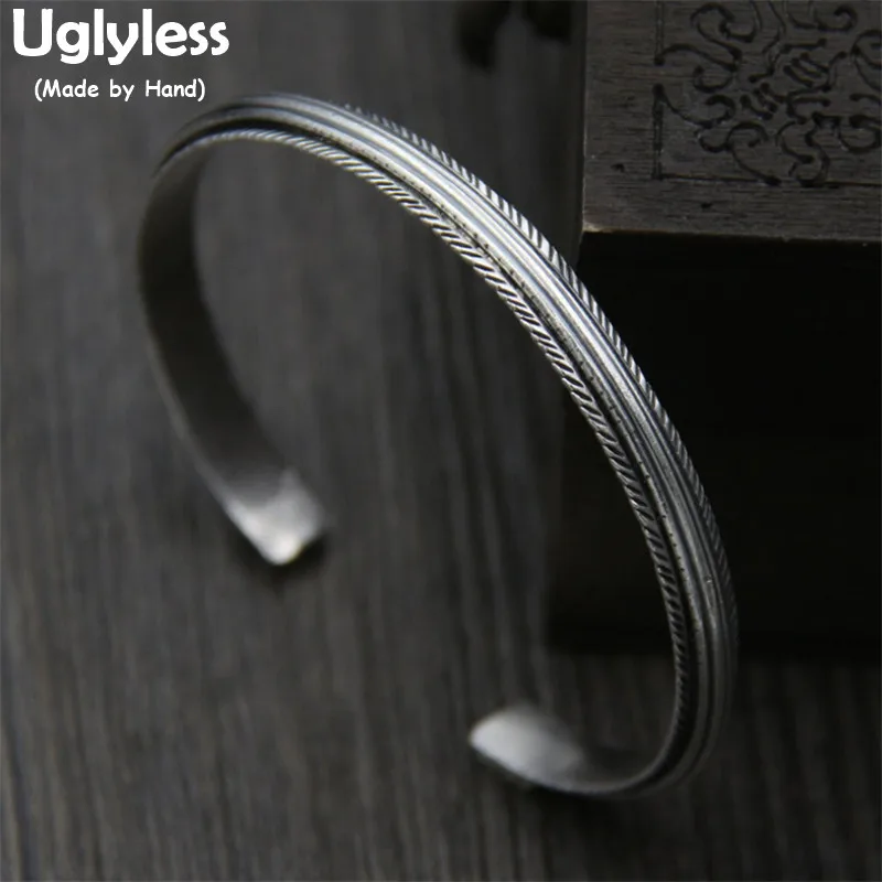 

Uglyless Real S925 Sterling Silver Unisex Fine Jewelry Handmade Engraved Leaf Bangles Vintage Thai Silver Opening Bangle Bijoux