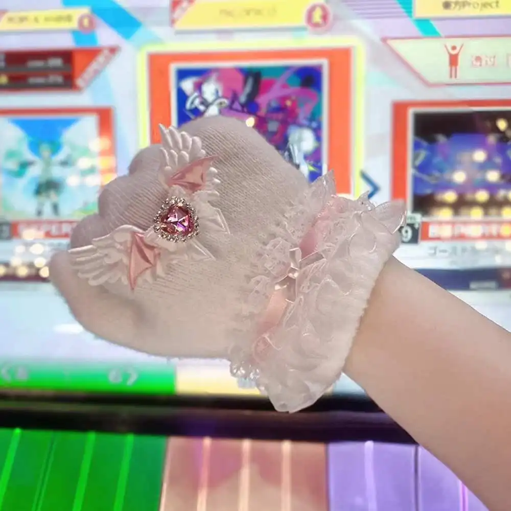 Women Japanese Y2K Girl Sweet Lolita Cute Full Finger Gloves With Rhinestone Angel Wing Bow Cross Decor Bow Subculture Mittens 5