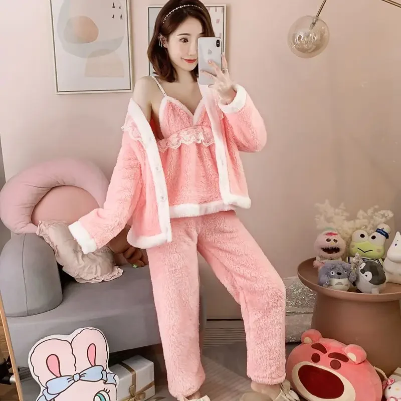 Coral Fleece 3pcs Pajama Sets Women Sexy Warm Thick Plus Velvet Gentle Comfortable Ulzzang Home Sleepwear Soft All-match Lounge