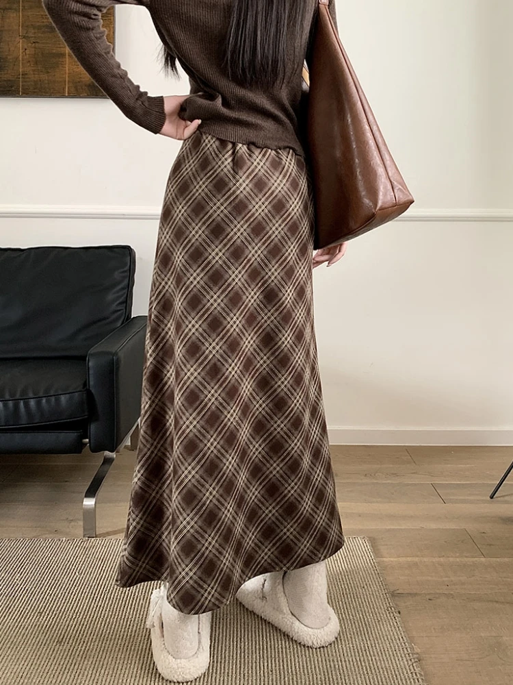 Qiukichonson Korean Chic Vintage High Waisted Plaid Skirt Women 2024 Autumn Winter Lolita A-Line Ruffle Long Skirts With Lining