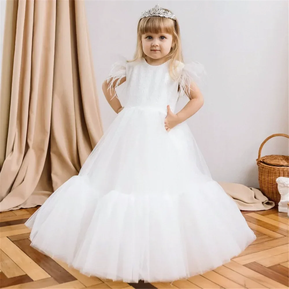 Communie Tule Prinses Baljurken Kant Afdrukken Eerste Bloemenmeisjesjurk Elegante kinderverrassing met lange mouwen Verjaardagscadeau