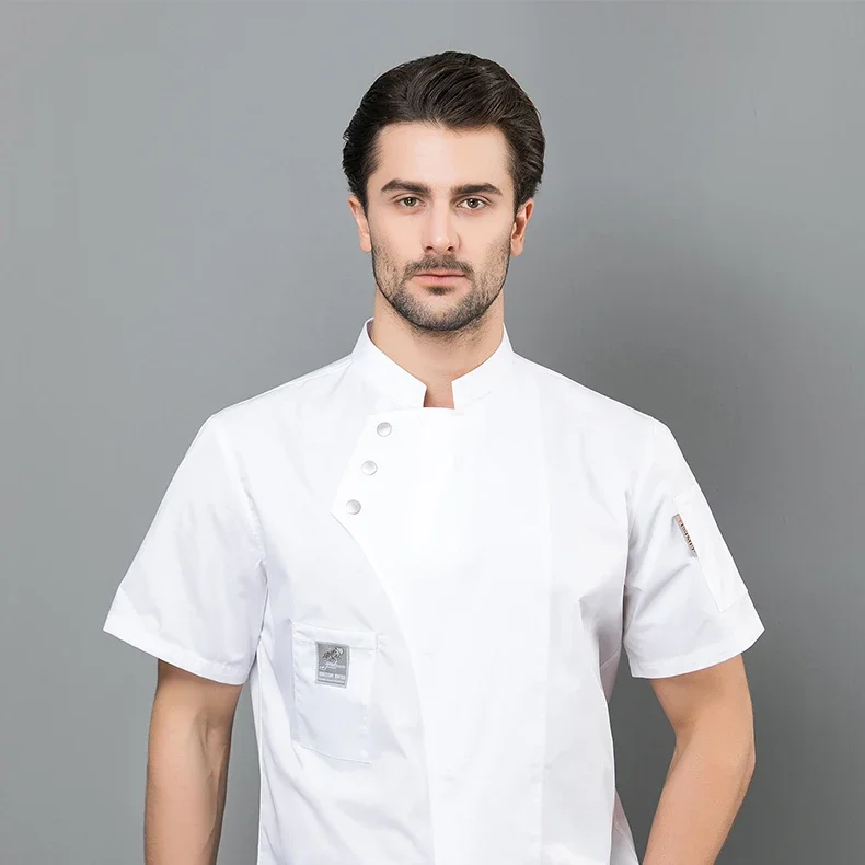 พิซซ่าเชฟสวม/เสื้อเชฟ/ชุดเชฟแขนสั้นสีขาวและสีดํา Kitchen Chef Coat แจ็คเก็ตเครื่องแบบโรงแรม