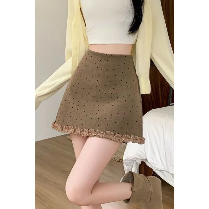 Women High Waist Polka Dot Mini Skirt With Ruffle Hem Slim Wrap Skirt For Petite Girls Autumn