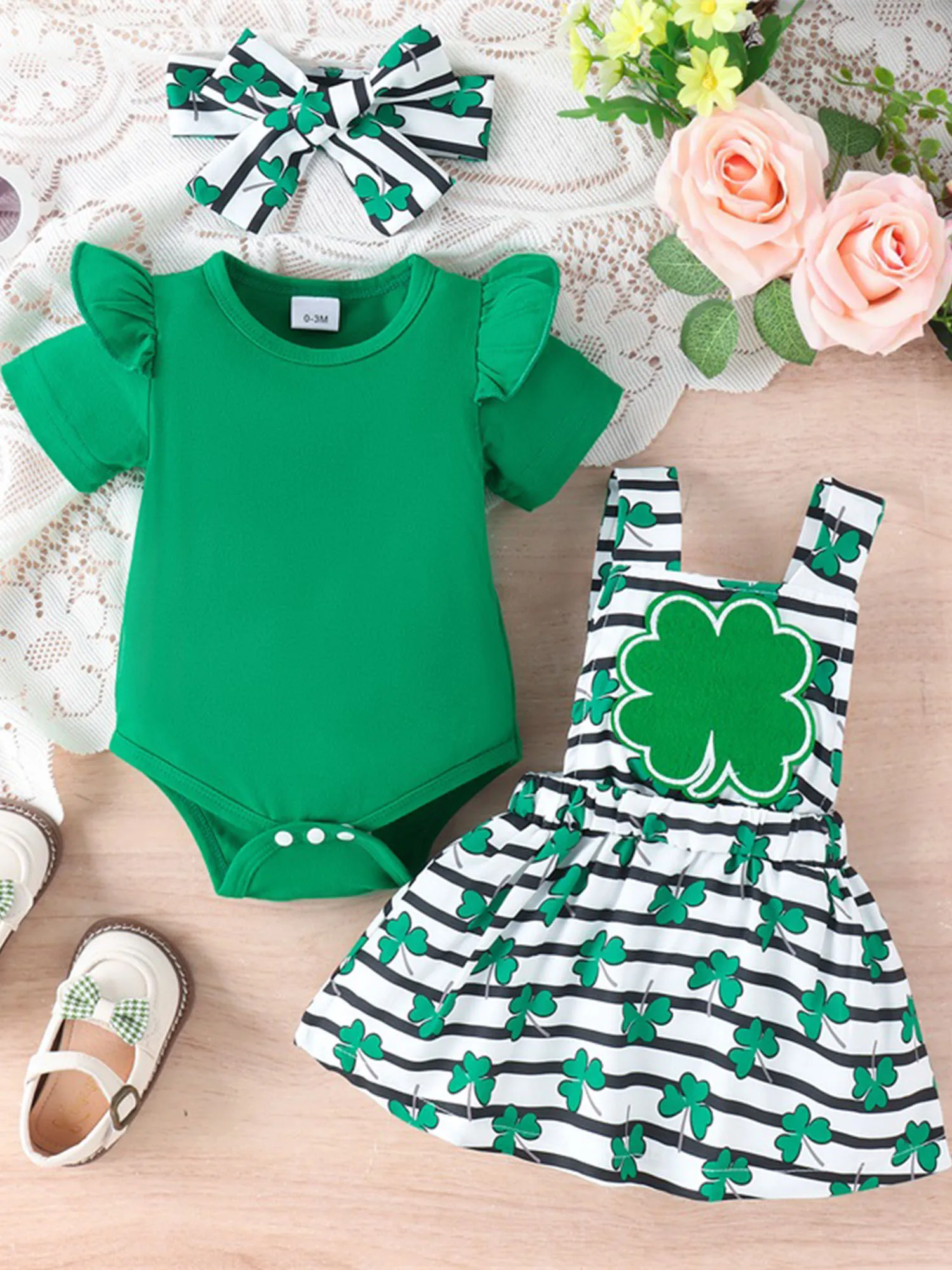 Adorable Toddler Girl St Patrick s Day 3 Piece Set Green Clover Romper Striped Suspender Skirt Shamrock Headband - Spring