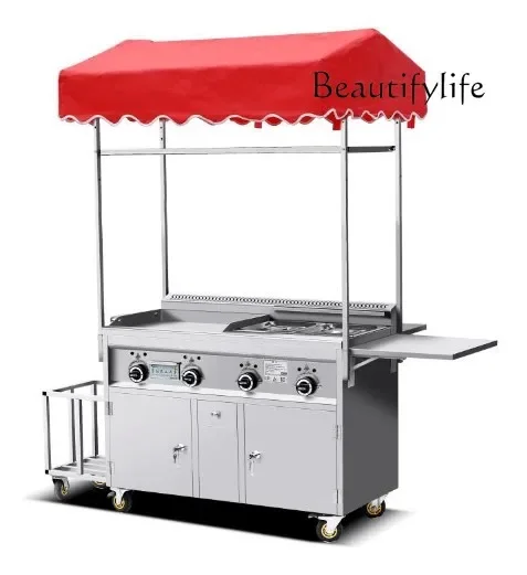 Carro de refrigerio Teppanyaki de gas, carrito de pepinillos, horno para asar frito, puesto de máquina integrado