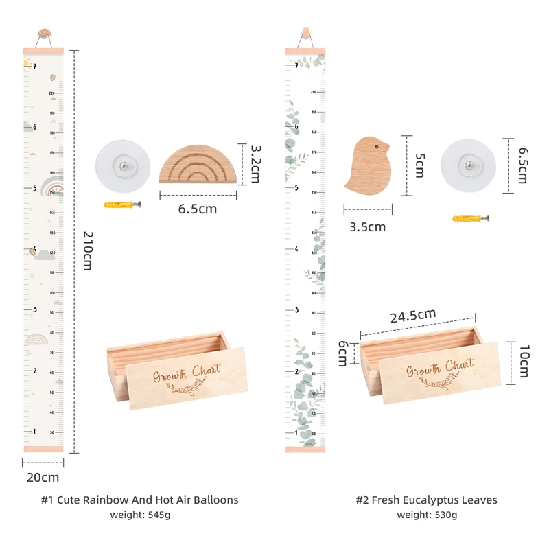 Righello per la misurazione dell'altezza in legno per bambini con scatola di immagazzinaggio Registrazione da appendere per bambini Cambio in altezza Accessorio fotografico per la crescita