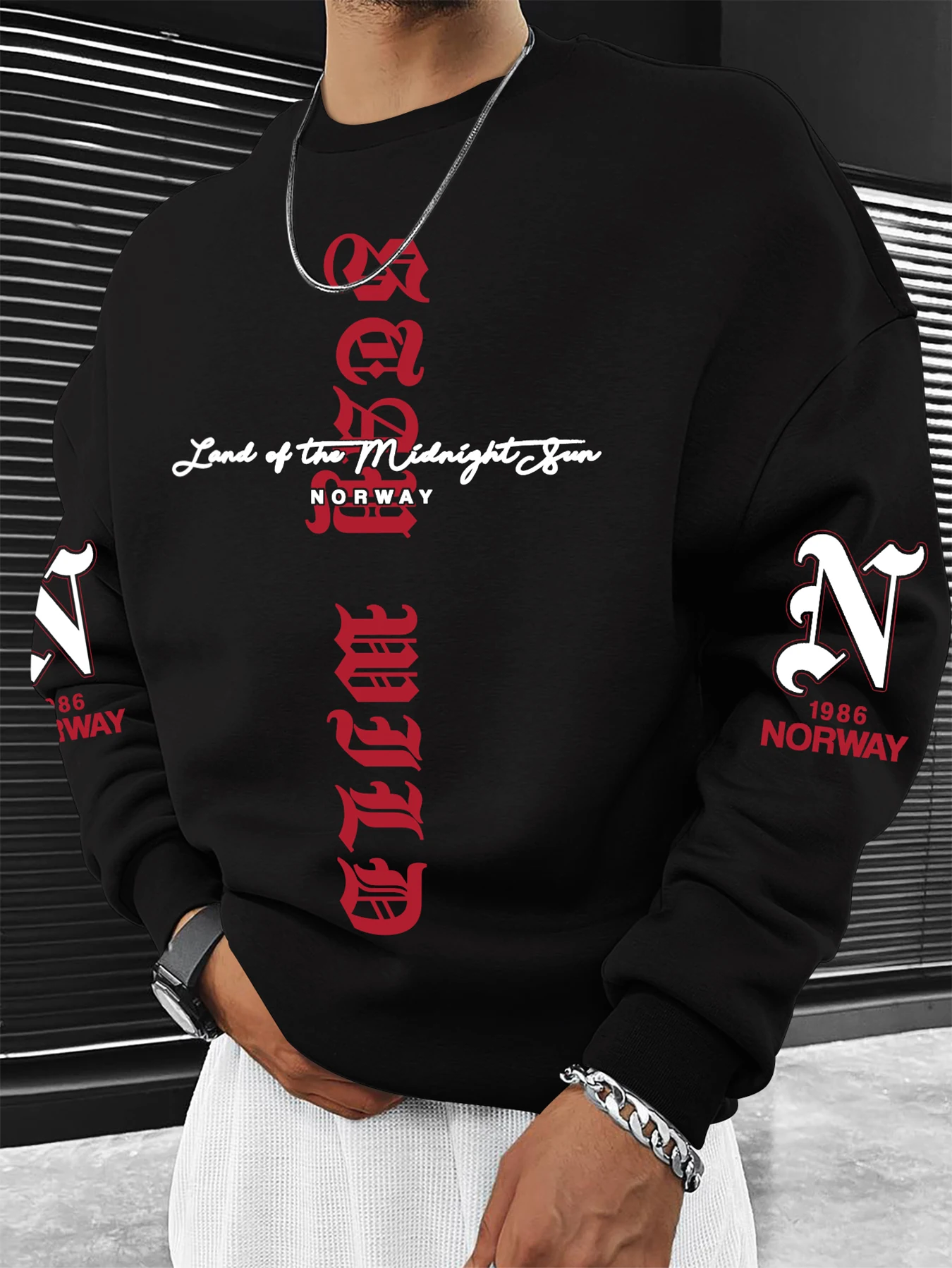 Men Drop Shoulder Oversized Sweatshirt, Vintage Norway Text Print, Hip Hop Casual Pullover