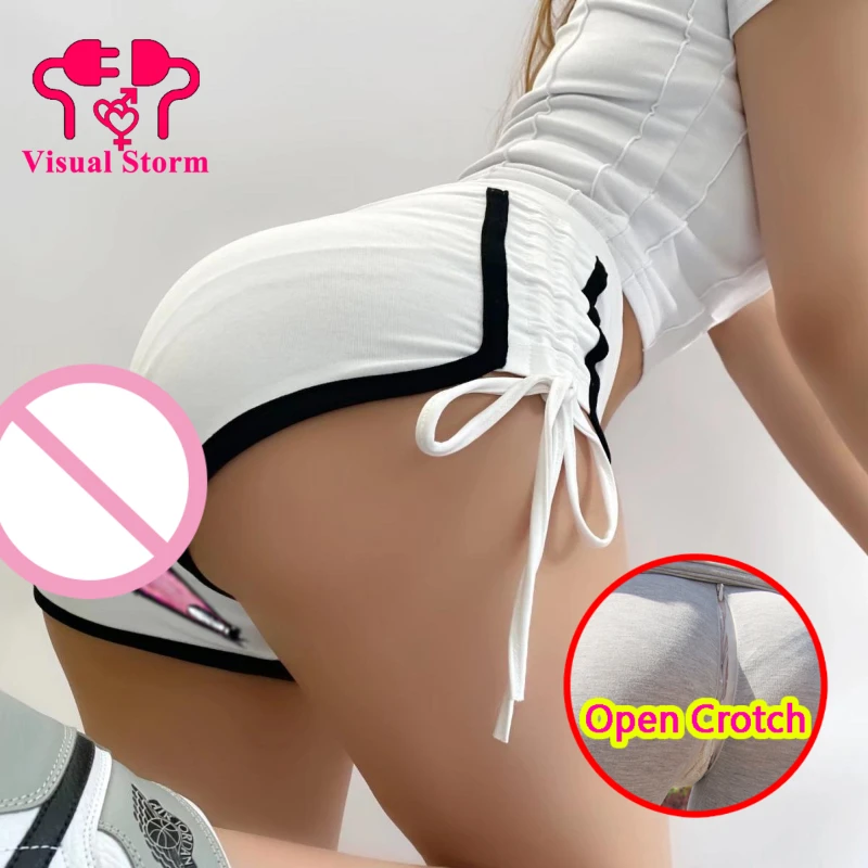 Woman Open Crotch Sexy Mini Leggings with Side Drawstring Decor Sporty Fashion Casual Short Pants Fitness Crotchless Clubwear