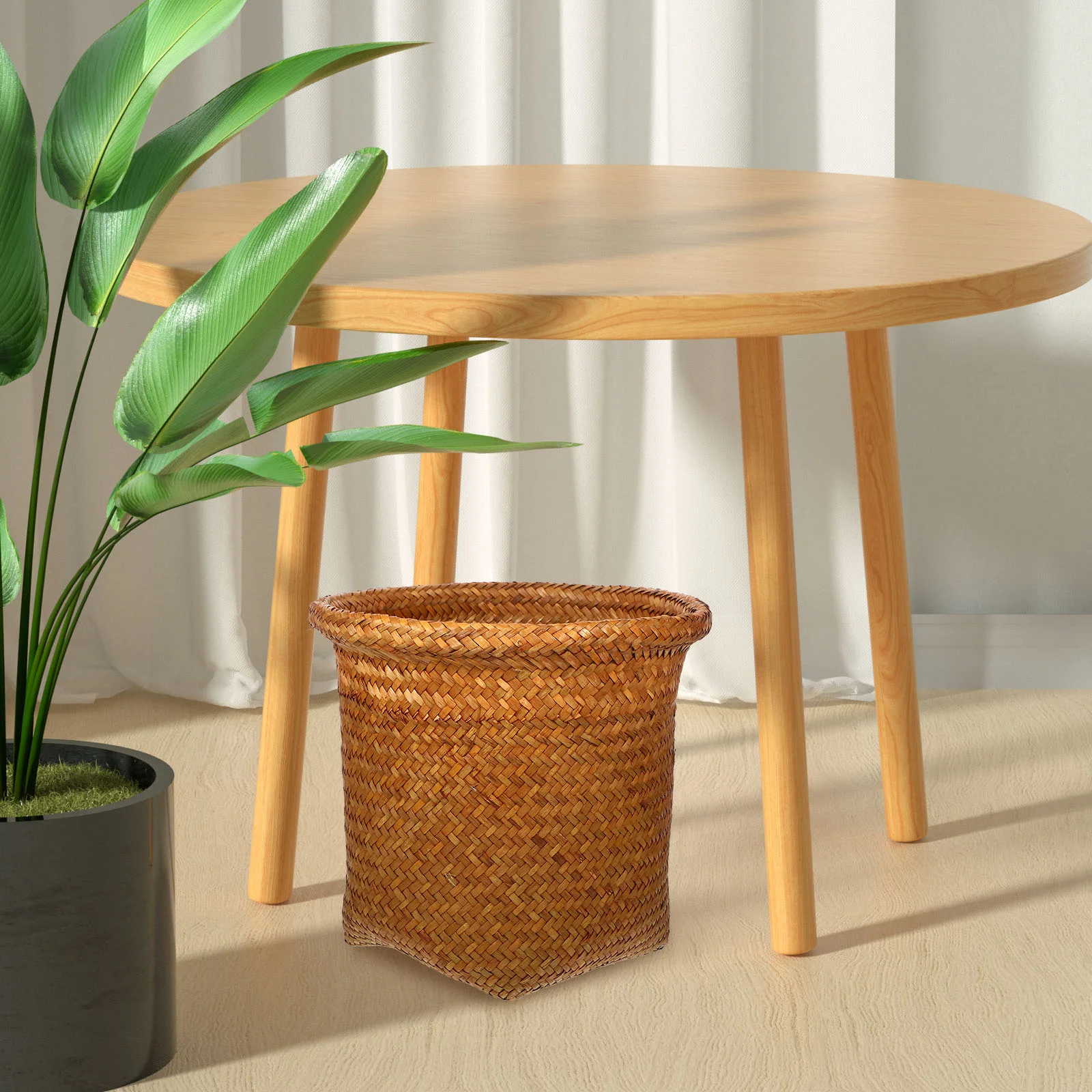 

Basket Trash Can Woven Storage Wicker Waste Garbage Rattan Bin Laundry Sundries Wastebasket Paper Container Baskets Seagrass