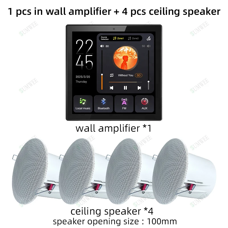 2-zone audio volume wandversterker, meertalig, 4 inch touchscreen, Bluetooth, TF, FM, geluidsgeregelde bedieningspaneel, plafondluidsprekersysteem