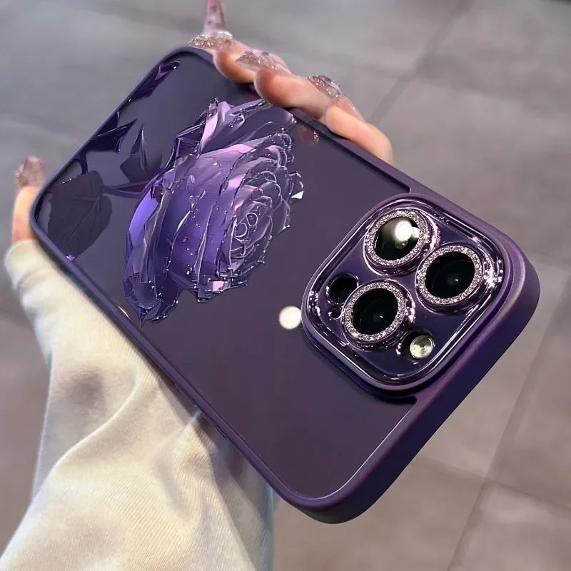 Clear Dark Purple Flower Pattern Phone Case for iPhone 17 16 Pro 15 14 Plus 13 12 11 Pro Max Cases Glitter Camera Design