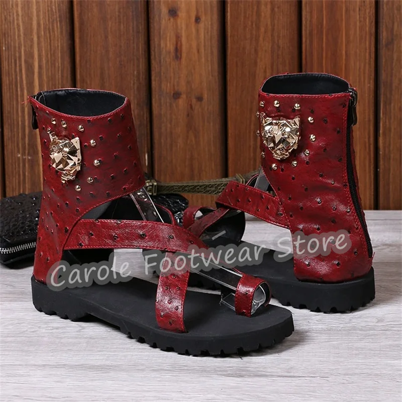 Punk Rivet Narrow Band Flip-Flops Sandals Male High Top Chunky Bottom Genuine Leather Boots Summer Breathbale Casual Shoes