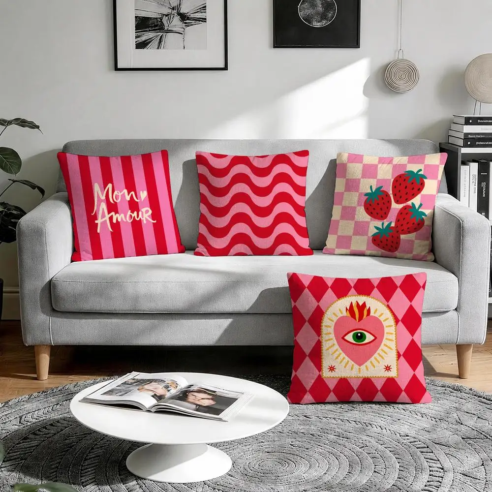 Pink Red Mediterranean Cushion Cover Natural Breathable Durable Linen Printed Decor Pillow Case Sofa Bedroom