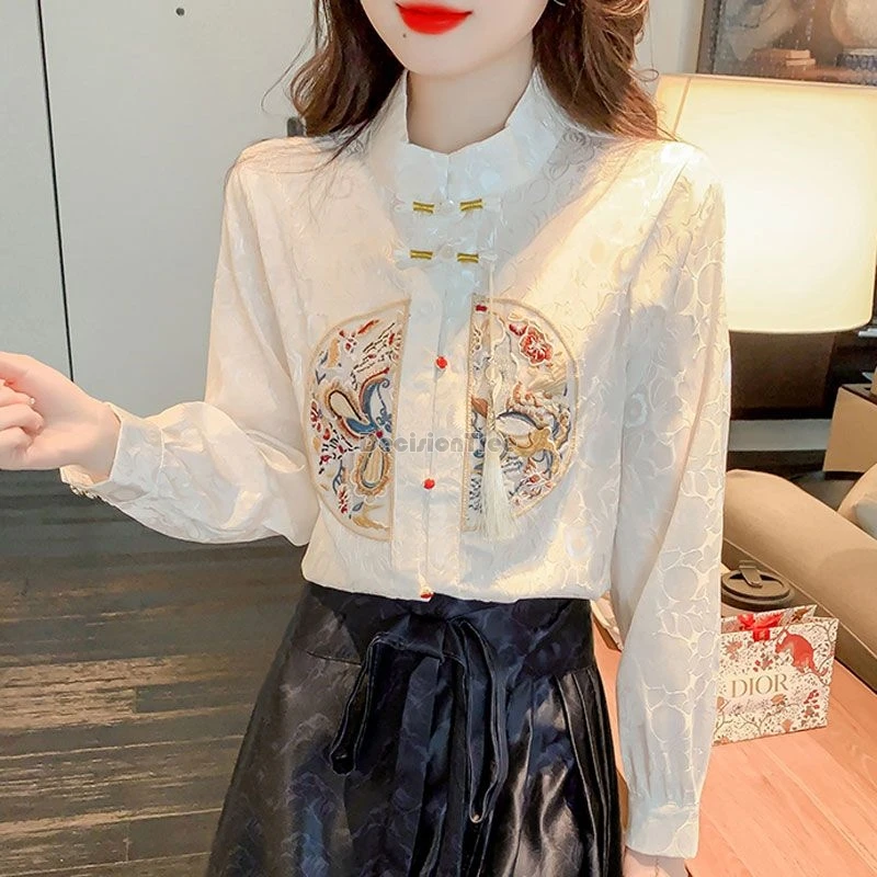 

2024 new chinese style improved tang dynasty hanfu top retro national exquisite embroidery versatile top button up tassel blouse