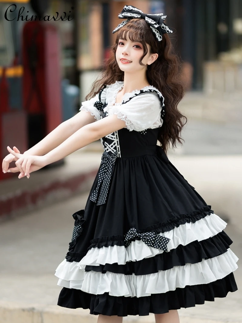 

Lolita Style Sweet Bow Decoration Cute JSK Dress for Women Summer New Daily High Waist Girl Ladies Black Camisole Lo Dress