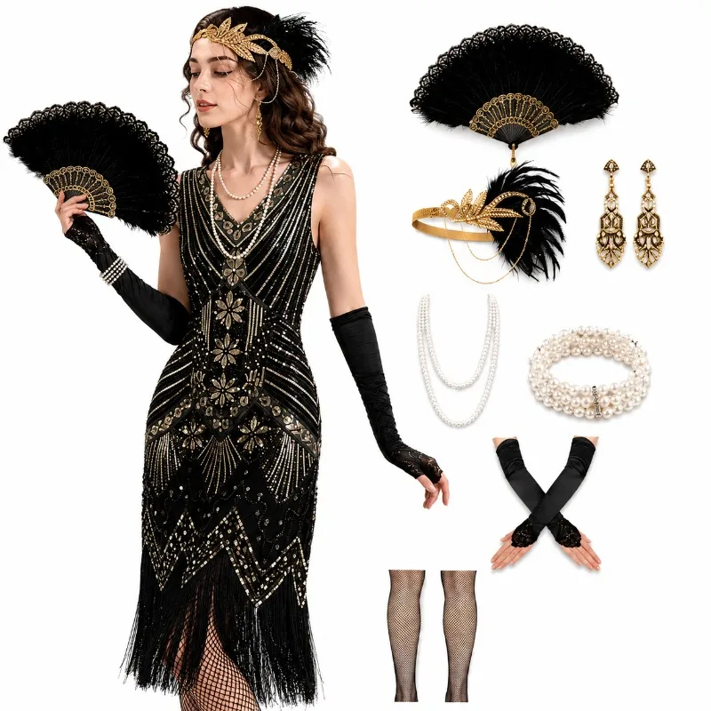 Vestido de Lentejuelas Vintage de los Años 20 para Mujer, con Cuello en V y Borlas, Disfraz de Cosplay de El Gran Gatsby, Vestido de Lentejuelas para Fiesta de Cóctel y Baile de Charleston