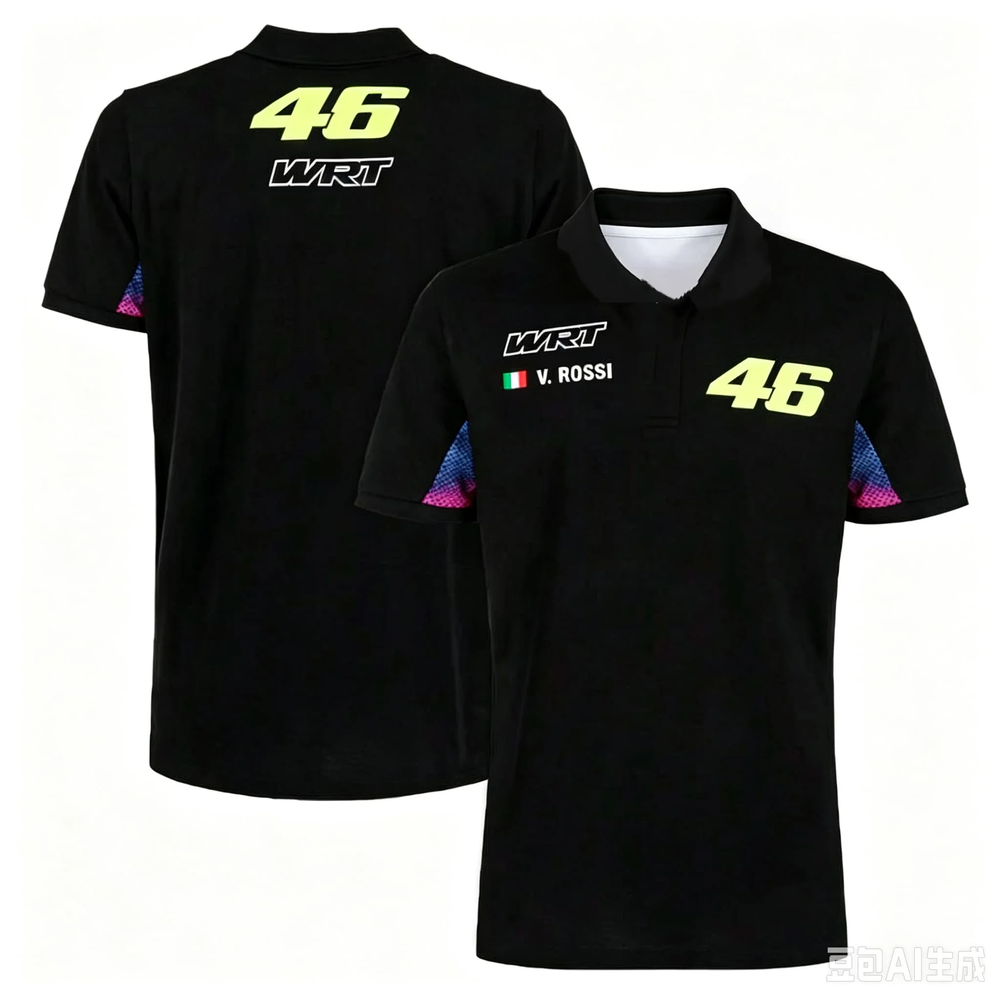 Men Valentino Rossi 46 WRT Racing Polo Shirt Black Short‑Sleeve Motorcycle Fan Top Italy Flag Print Casual Sport Jersey