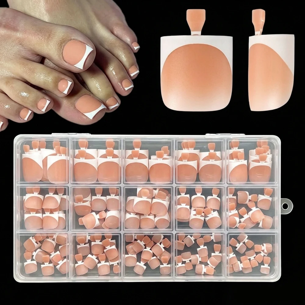 150pc Matte Peach Nude Square Press On Toenails White French Soft Gel Fake Toe Nails for Summer Beach Bridal Daily False Toenail